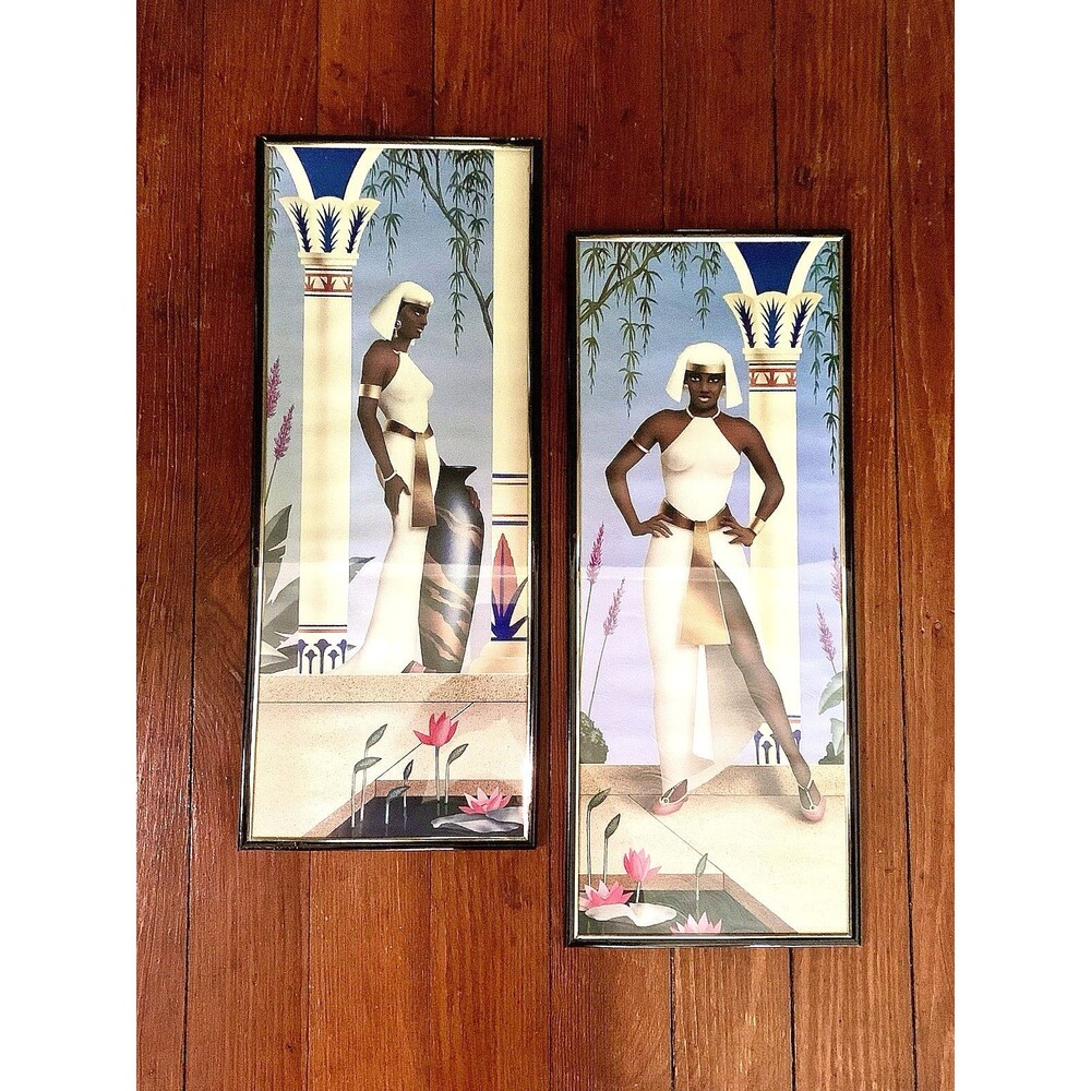 Vintage 1980s Art Deco Egyptain Revival Framed Prints Set Nubian Women 16" x 20"